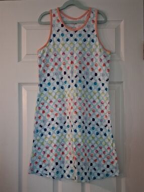 Lands' End Girls White Sleeveless Dress with Multicolor Polka Dots